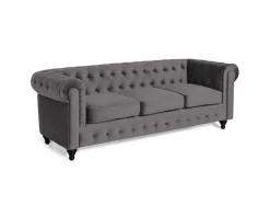 Chesterfield Lyx 3-sits sammetssoffa grå
