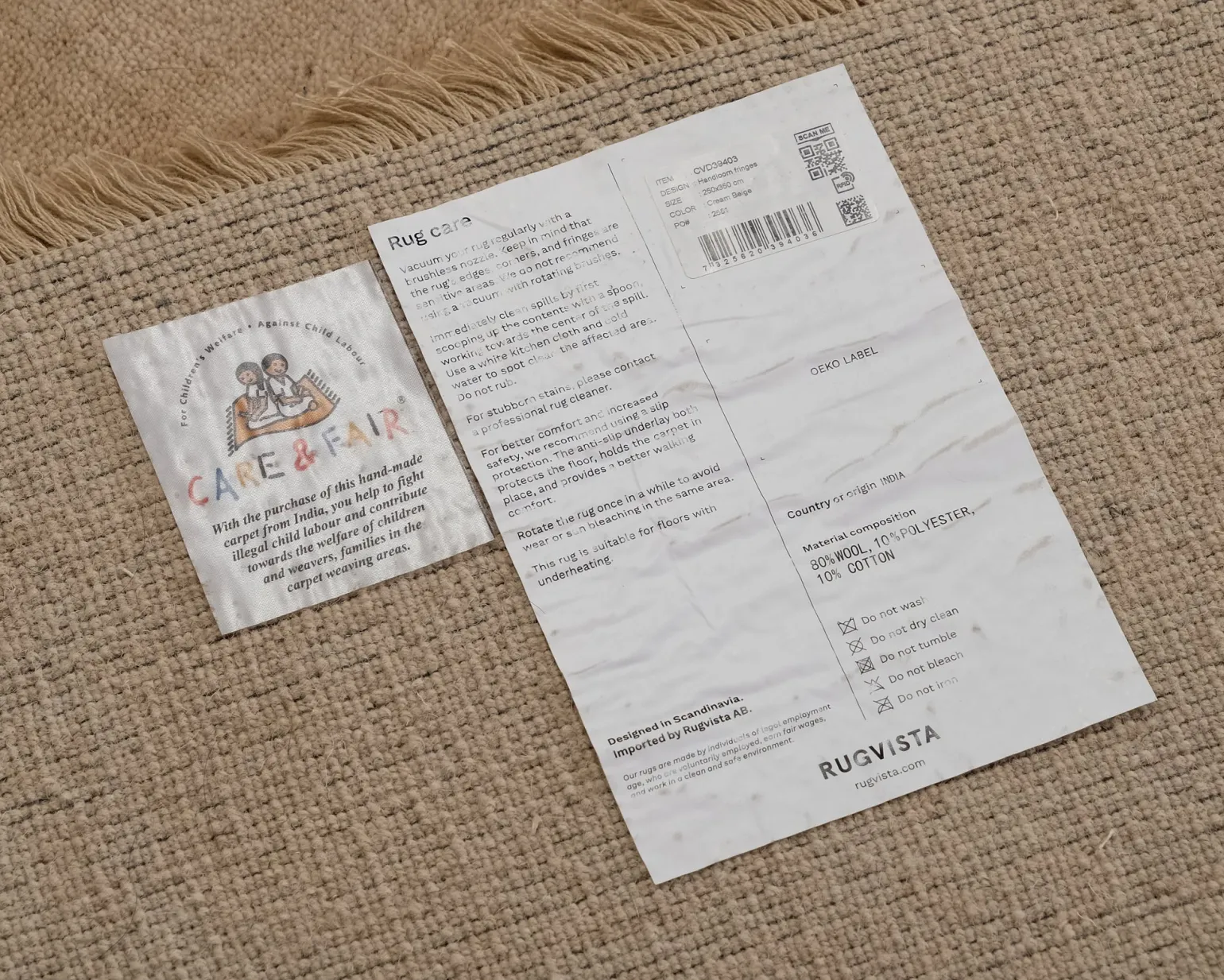Rugvista Premium Handloom Fringes ullmatta 250 x 350 cm beige